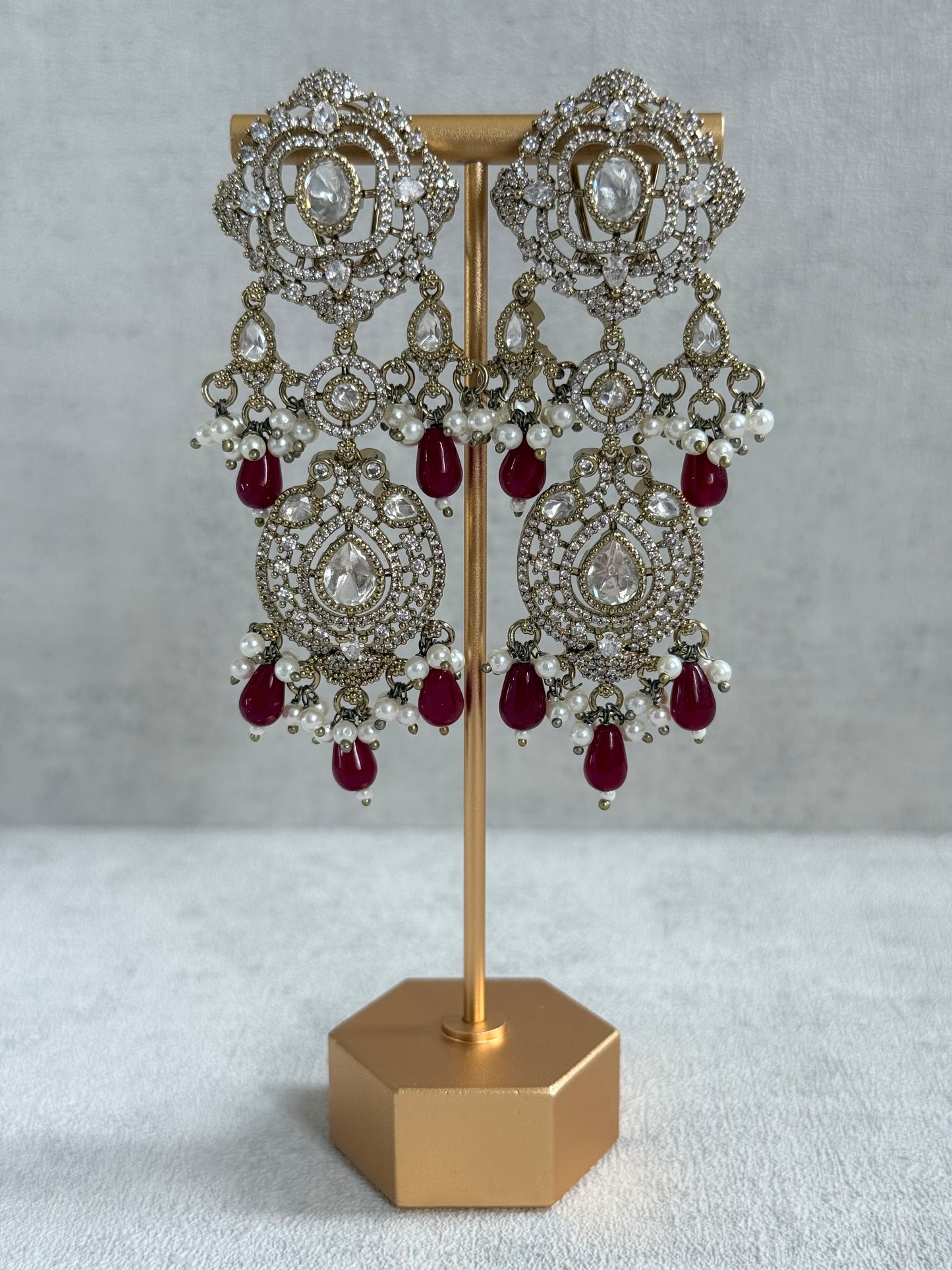 Ayura Designs Fazal Set with Necklace, Earrings & Tikka – Ruby Red Drops, Pearl Detailing & Moissanite Stonework