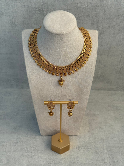 Ayura Designs Purna Set with Necklace & Earrings – Antique Gold Finish, Floral Motifs & Textured Pendant Detail