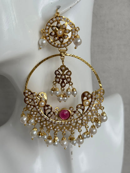 Ayura Designs Arshi Chandbalis – Gold Jadau Ruby Pink & Ivory Pearl Detailing