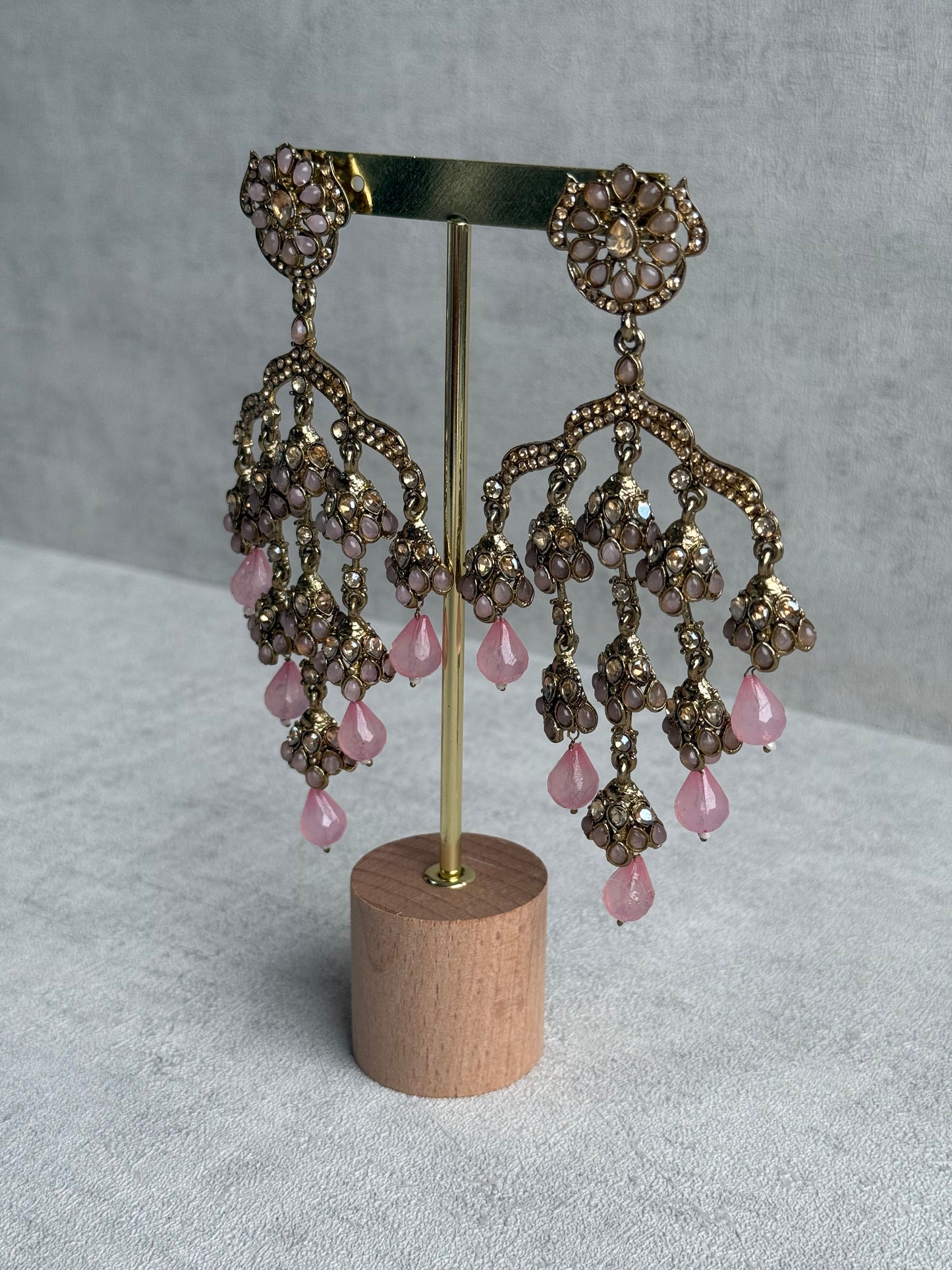 Ayura Designs Jasmine Earrings – Chandelier Earrings with Blush Pink Beads & Antique Gold Detailing