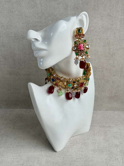 Ayura Designs Hazel Choker Set with Earrings – Multicolour Crystals & Ruby Drop Beads