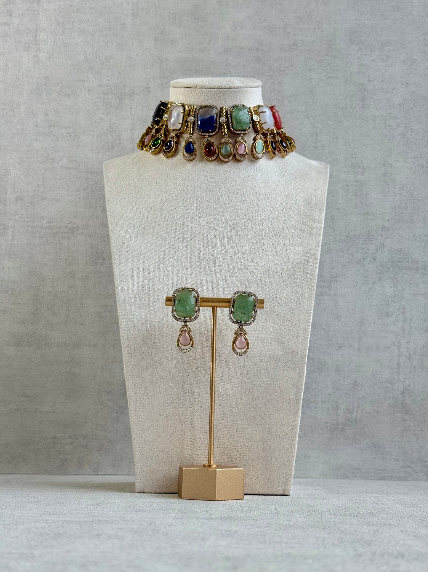 Ayura Designs Adelaide Necklace Set with Earrings – Multicolour Moissanite with Green Stone Drop Earrings