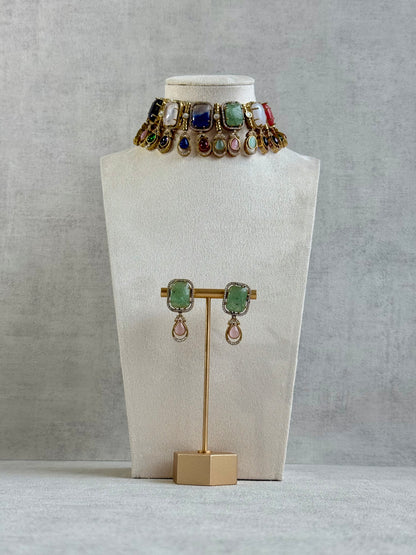 Ayura Designs Adelaide Necklace Set with Earrings – Multicolour Moissanite with Green Stone Drop Earrings
