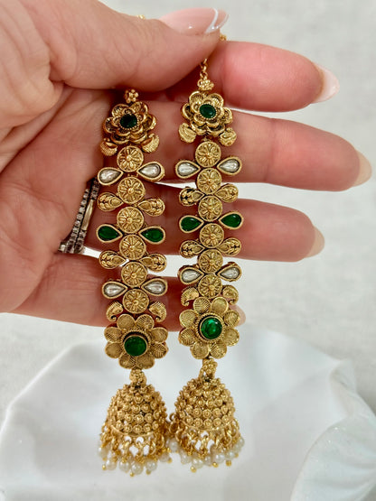 Ayura Designs Keerti Jhumkis – Antique Gold Kannauti Earrings with Emerald Green Stones, Mirror-Cut Detailing & Pearl Drops
