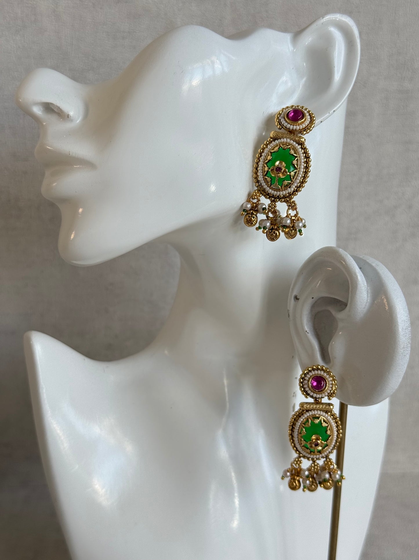 Ayura Designs Enjal Earrings – Emerald Green Enamel, Pearl Beading, Pink Stone & Gold Finish