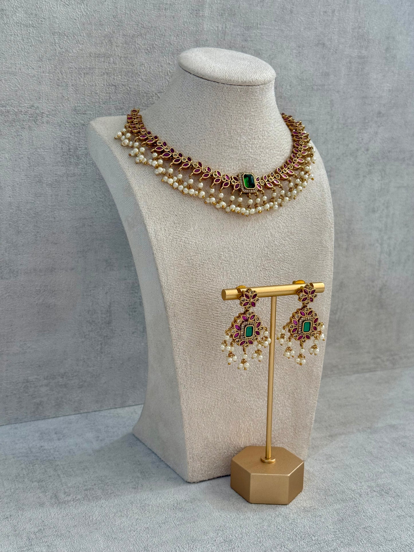 Ayura Designs Chahat Set – Necklace & Earrings with Rani Pink Meenakari, Kundan Stones, Emerald Accents & Pearl Detailing
