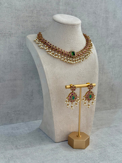 Ayura Designs Chahat Set – Necklace & Earrings with Rani Pink Meenakari, Kundan Stones, Emerald Accents & Pearl Detailing
