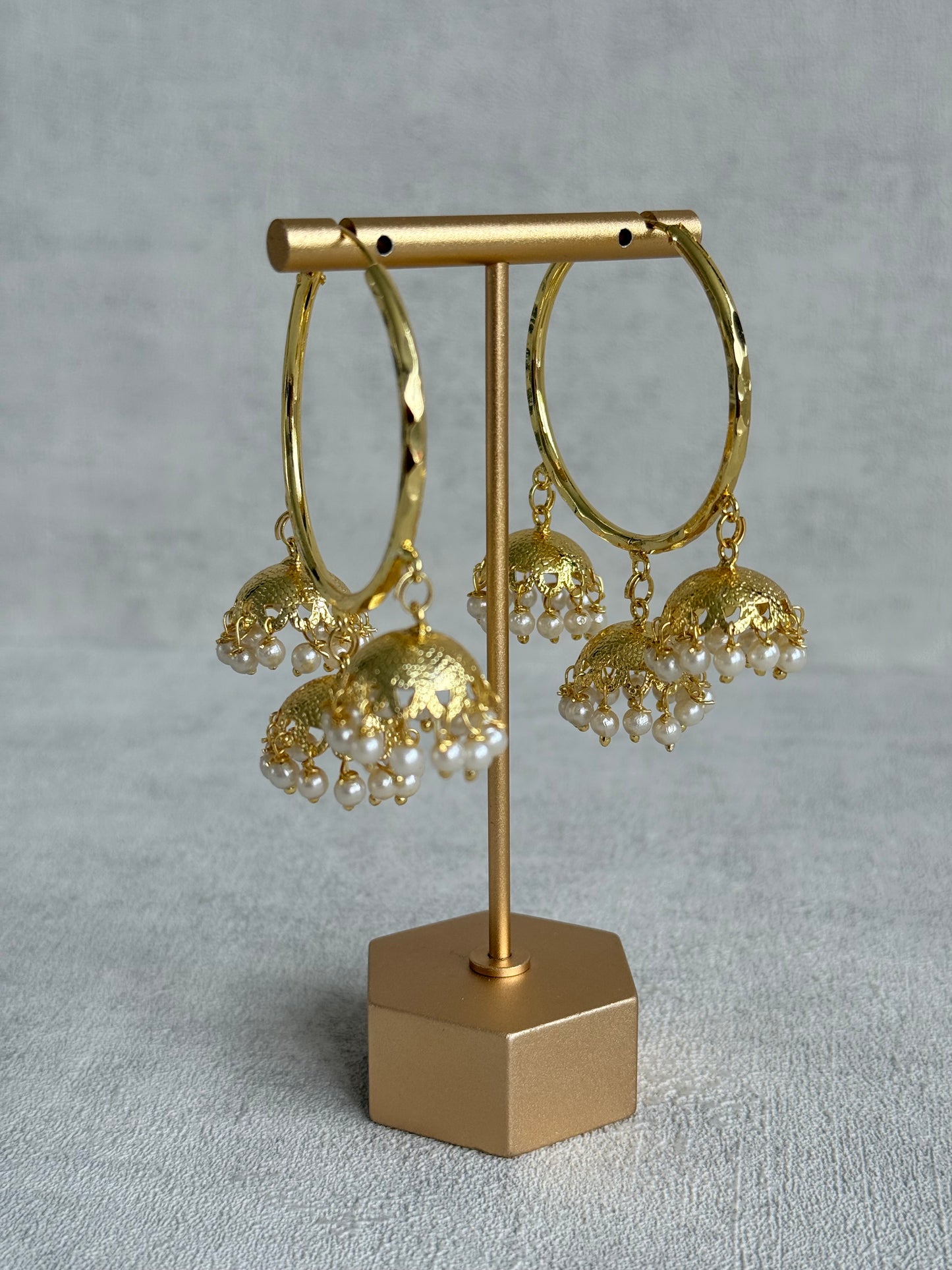 Ayura Designs Anam Balis – Gold Triple Jhumki Hoop Earrings with Pearl Drops
