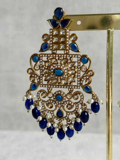 Ayura Designs Arwa Earrings – Antique Gold Finish with Midnight Blue Stones & Pearl Detailing