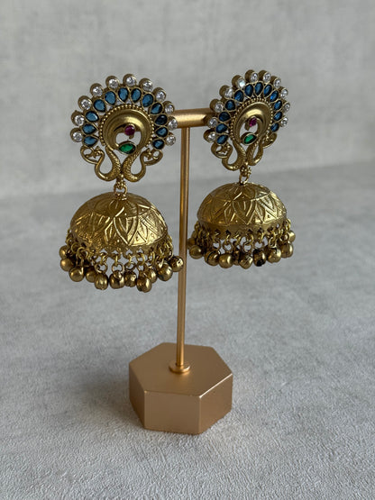 Ayura Designs Moraya Jhumkis – Ink Blue Peacock Motif with Antique Gold Detailing