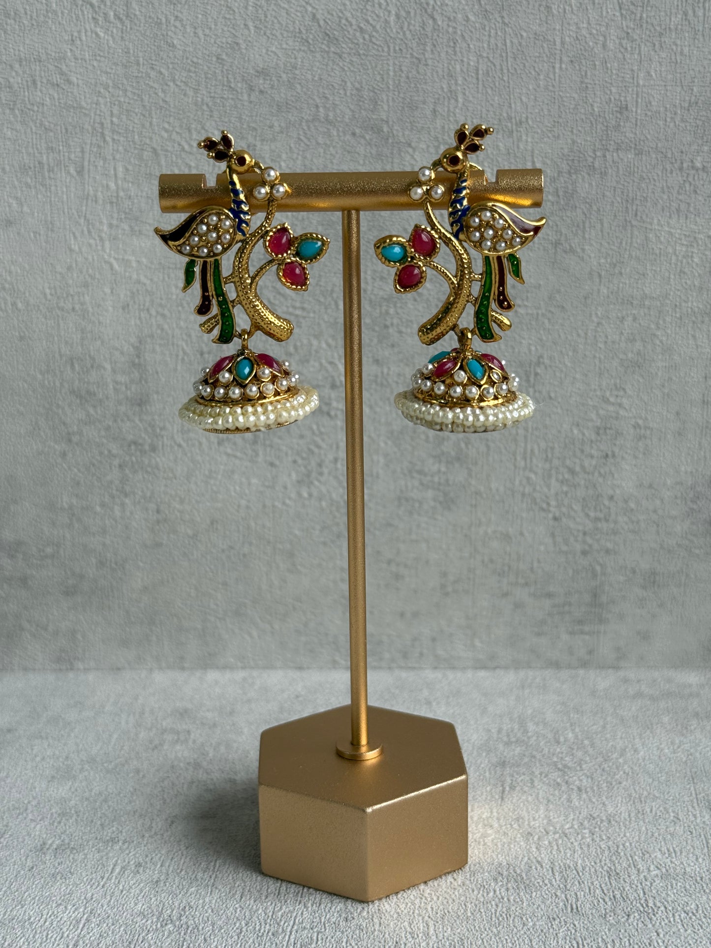 Ayura Designs Mayuri Jhumkis – Gold Peacock Earrings with Multicolour Meenakari & Pearl Detailing
