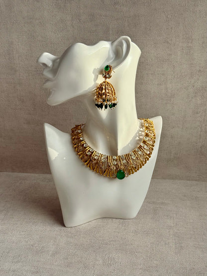 Ayura Designs Rami Collar Set with Jhumkis – Sculpted Gold Collar with Emerald Green Stone and Crystal Detailing