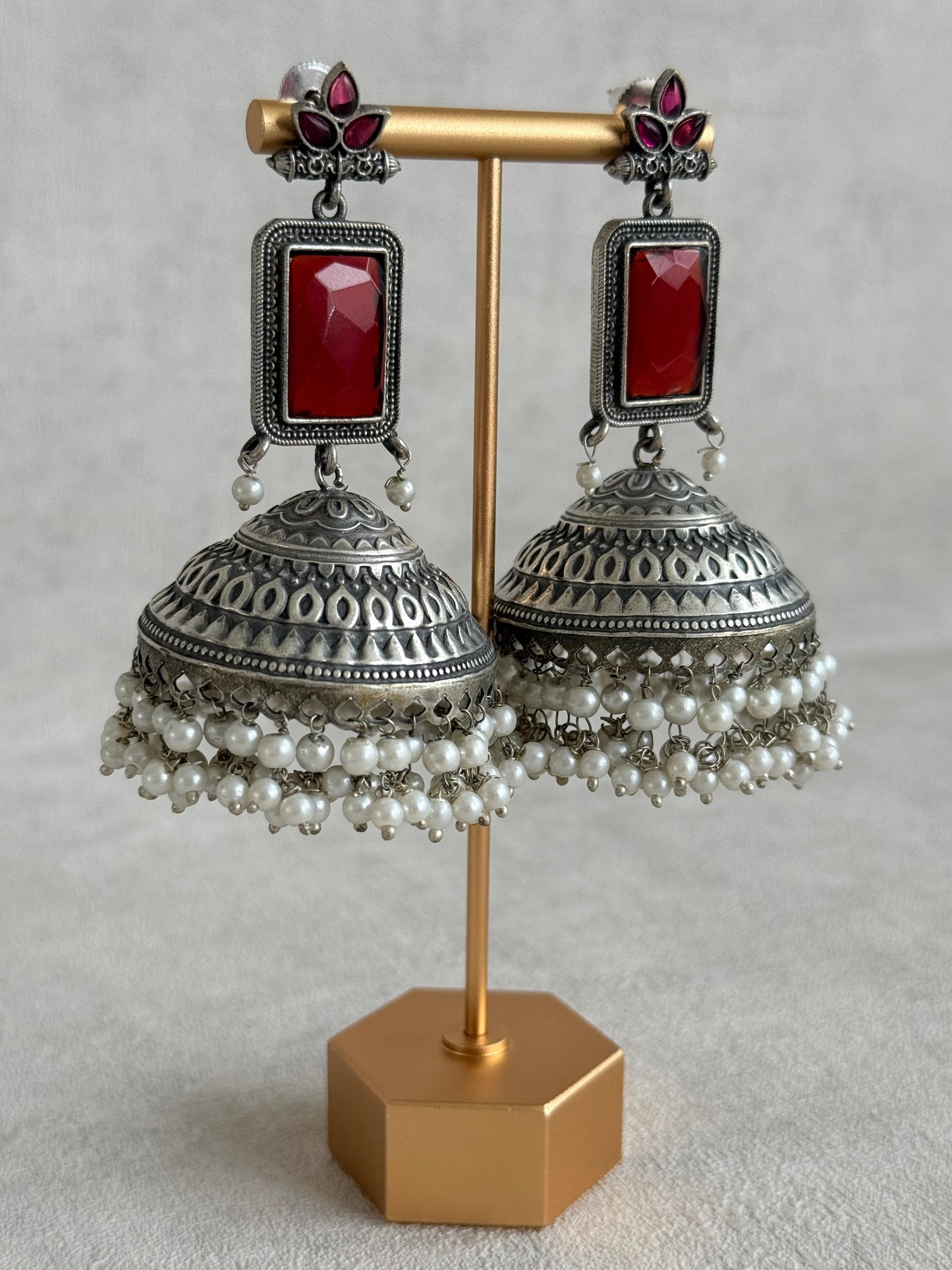 Ayura Designs Zeba Earrings – Oxidised Statement Jhumkis in Ruby Red & Pink Stones with Pearl Detailing