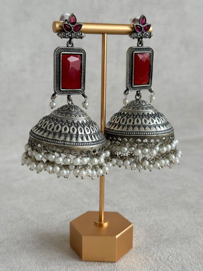Ayura Designs Zeba Earrings – Oxidised Statement Jhumkis in Ruby Red & Pink Stones with Pearl Detailing
