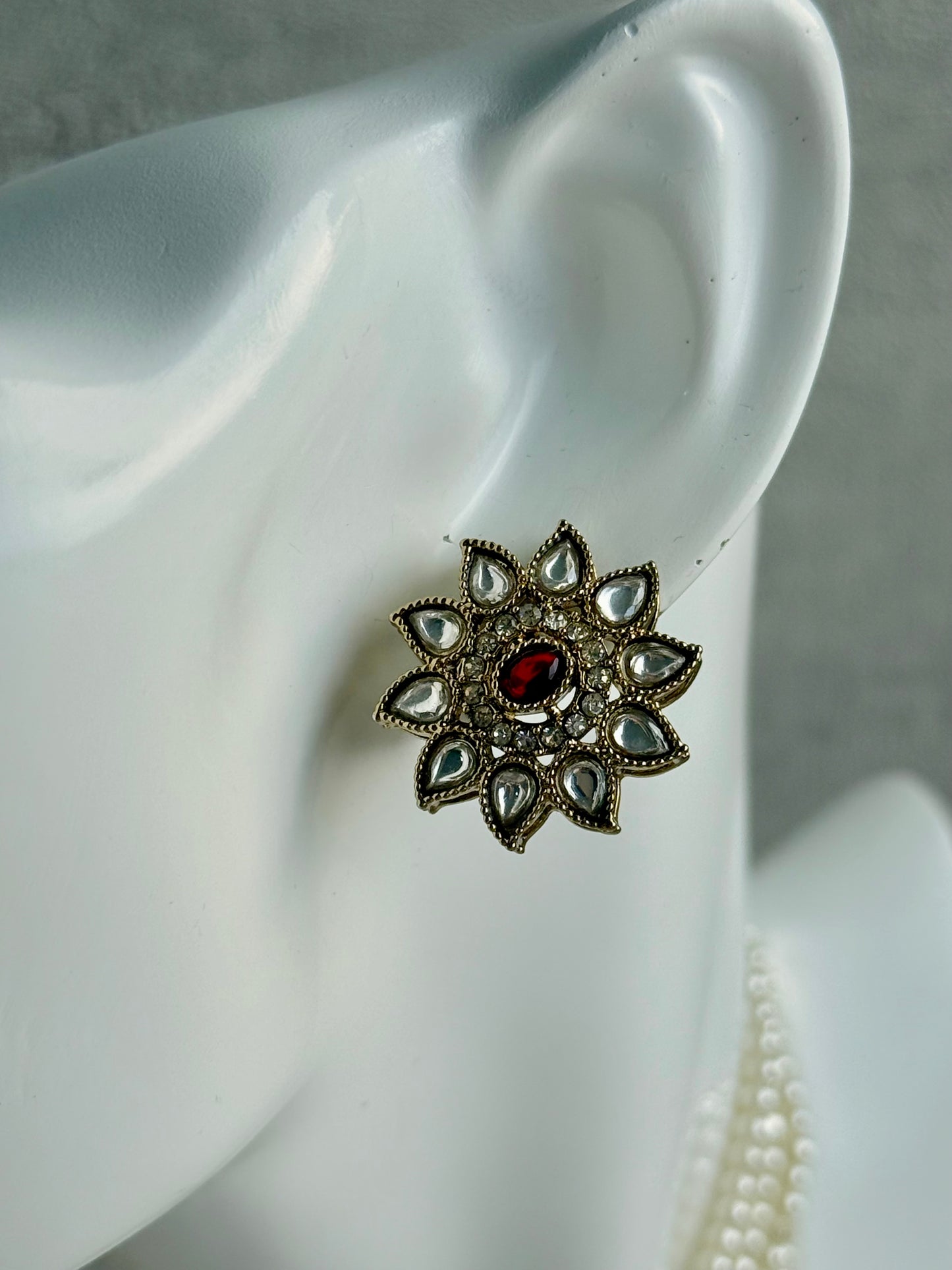 Ayura Designs Amaya Necklace Set with Studs – Antique Finish in Ruby Red Stones with Pearl Strands