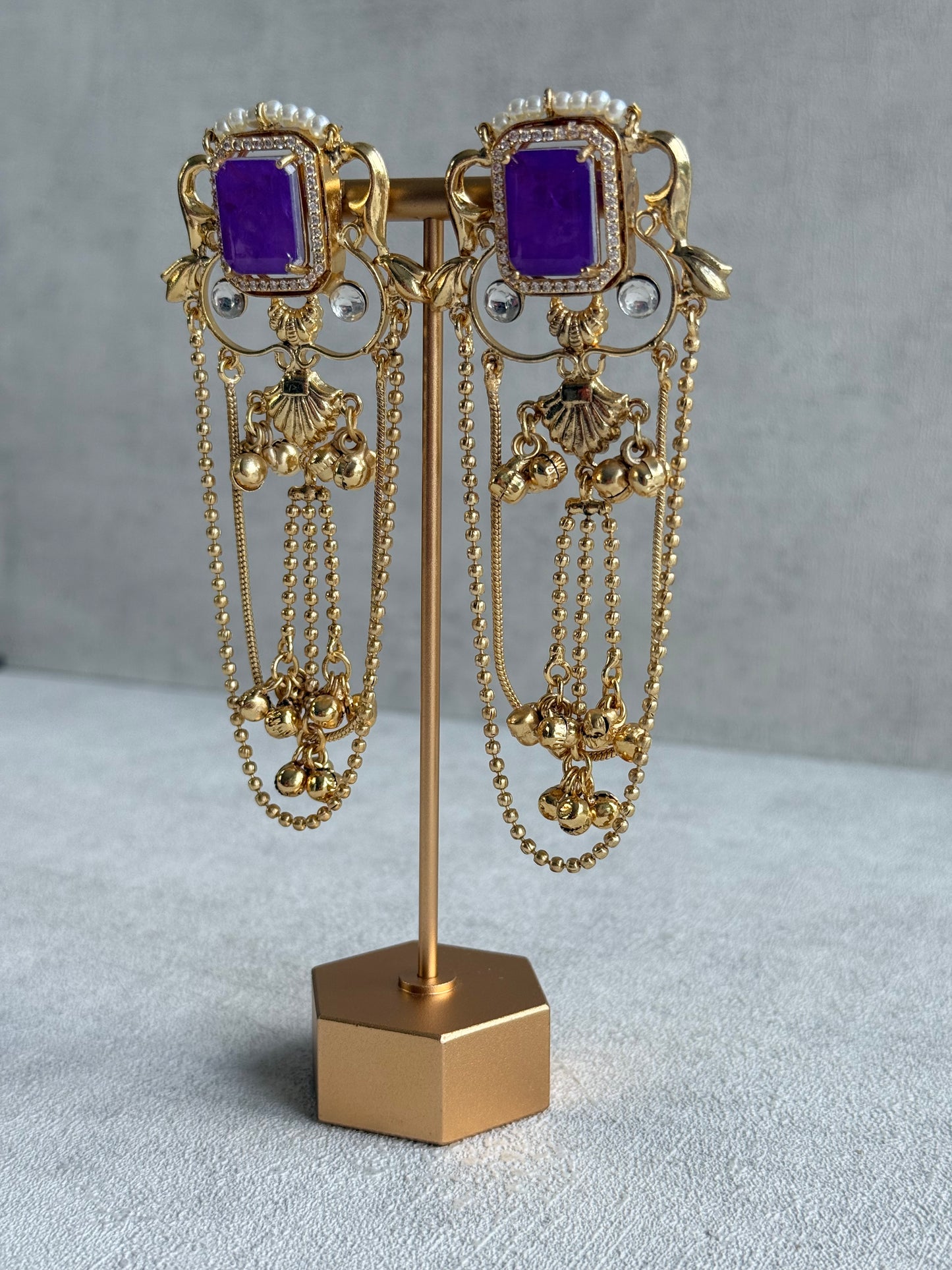 Ayura Designs Jaid Earrings – Royal Purple Floral Motif with Layered Chains & Ghungroos
