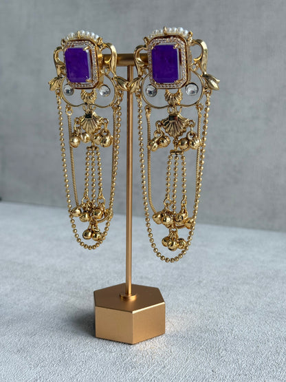 Ayura Designs Jaid Earrings – Royal Purple Floral Motif with Layered Chains & Ghungroos