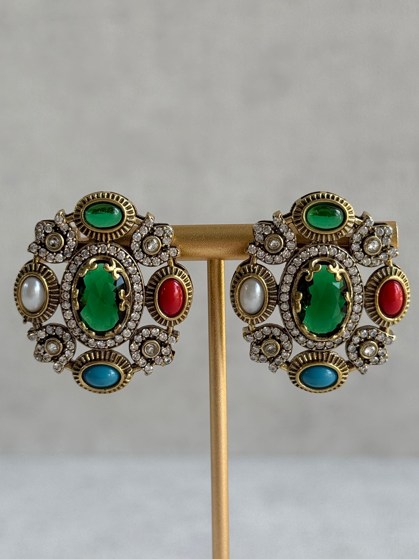 Ayura Designs Celia Stud Earrings – Emerald Green & Multicolour Stones with Gold Finish