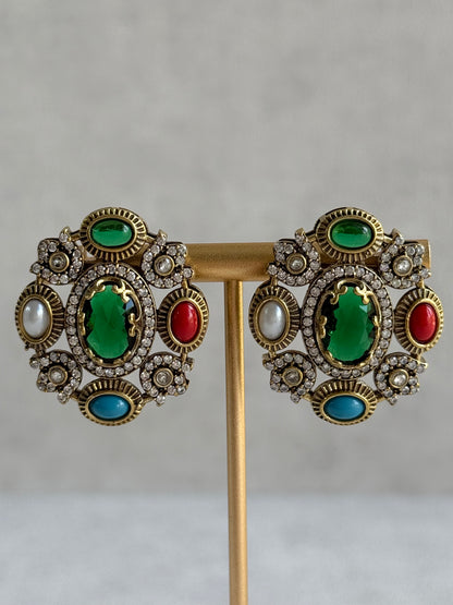 Ayura Designs Celia Stud Earrings – Emerald Green & Multicolour Stones with Gold Finish