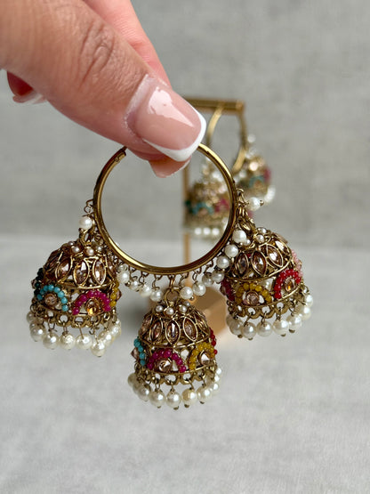 Ayura Designs Nakhra Balis – Multicolour Triple Dome Earrings with Mirror-Cut Stones & Pearl Detailing