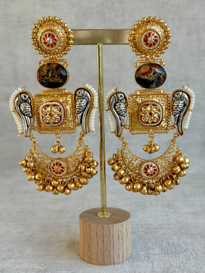 Ayura Designs Soha Earrings – Antique Gold with Smoky Amber Stone & Oxidised Parrots
