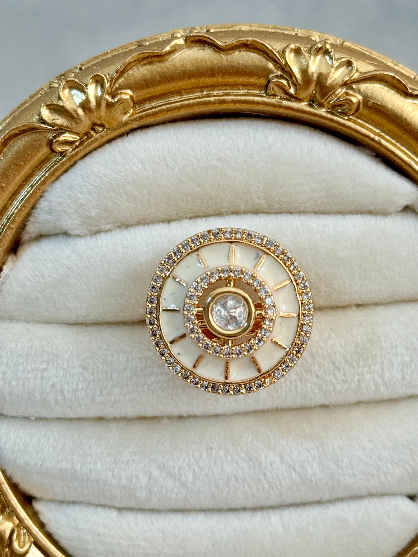Ayura Designs Maisie Adjustable Ring – Ivory Enamel with Crystal Border & Moissanite Centre