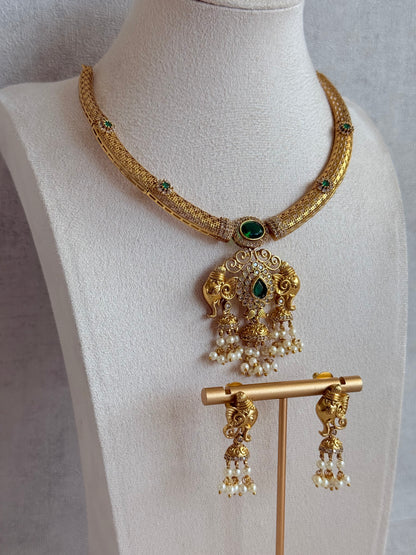 Ayura Designs Wadha Collar Necklace Set with Earrings – Gold Elephant Pendant & Emerald Green Stone Detailing