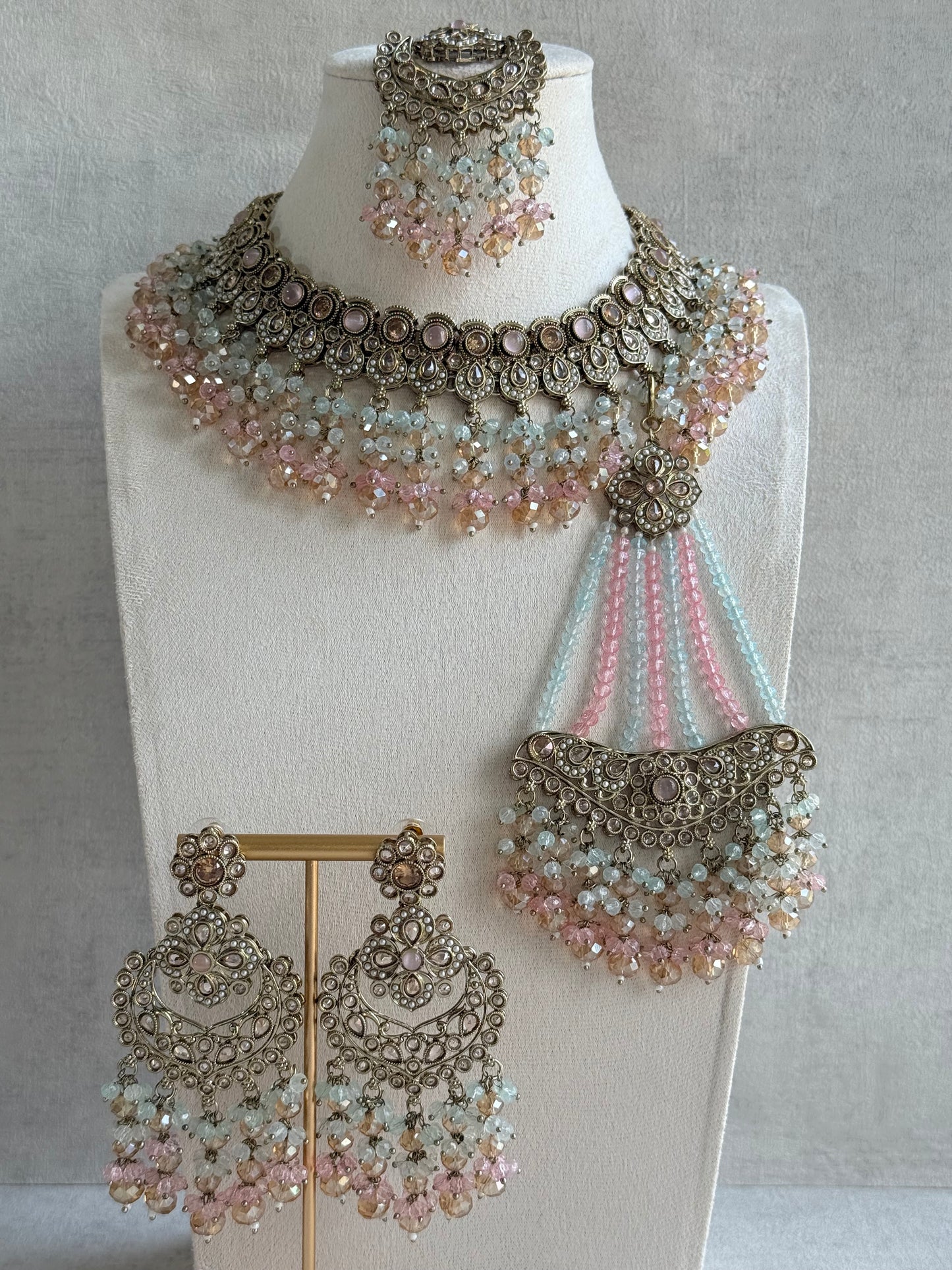 Ayura Designs Dilnaz Necklace Set – Blush Pink, Aqua & Champagne Crystal Beads
