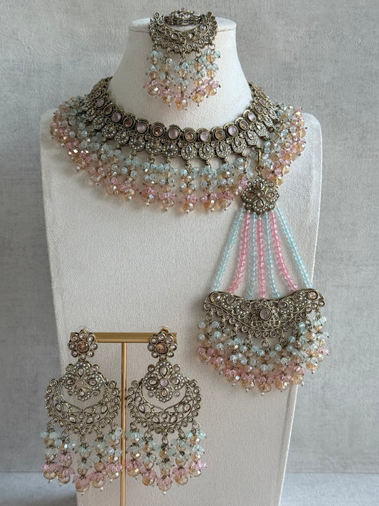 Ayura Designs Dilnaz Necklace Set – Blush Pink, Aqua & Champagne Crystal Beads