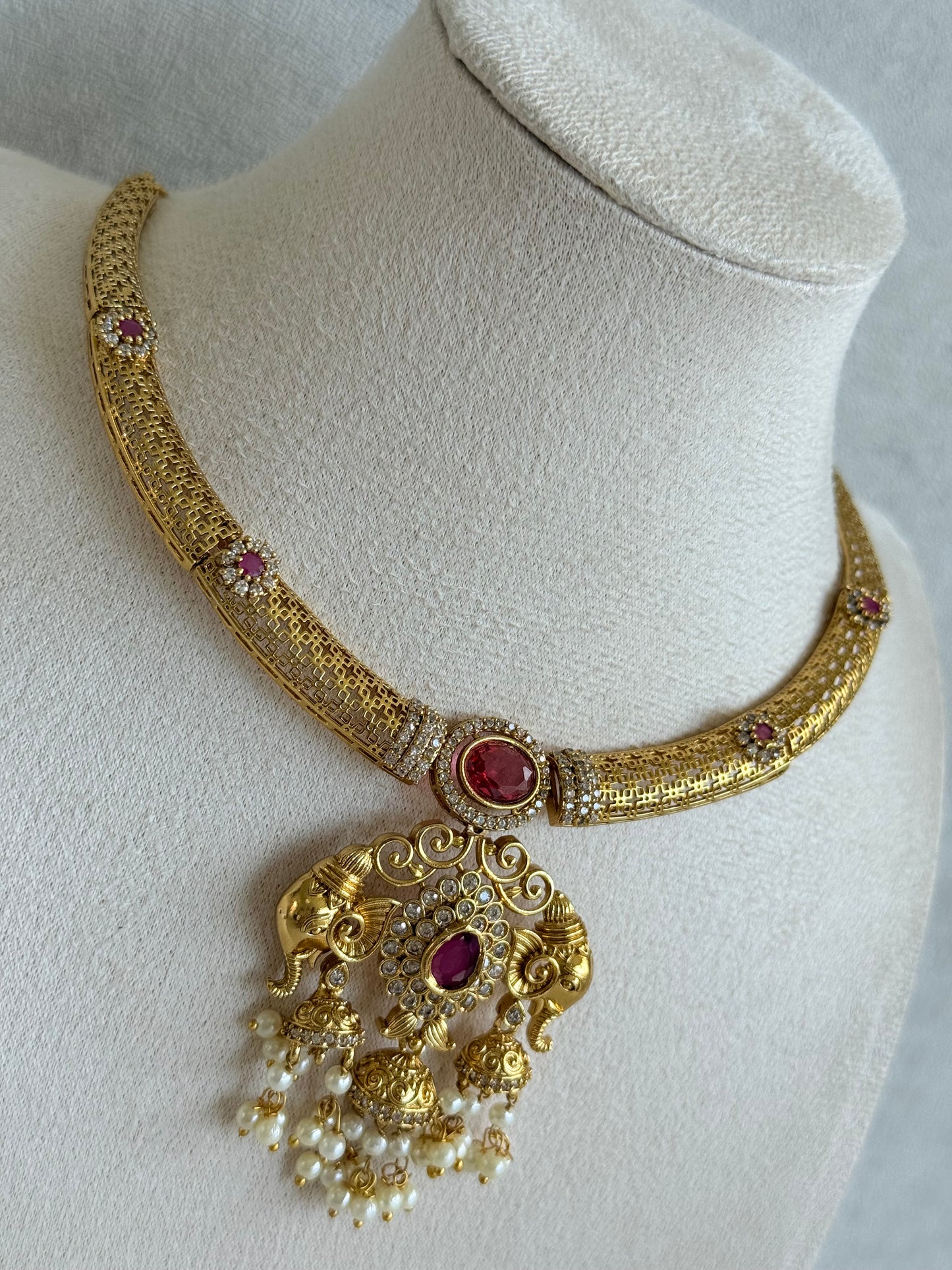 Ayura Designs Wadha Collar Necklace Set with Earrings – Gold Elephant Pendant & Ruby Red Stone Detailing