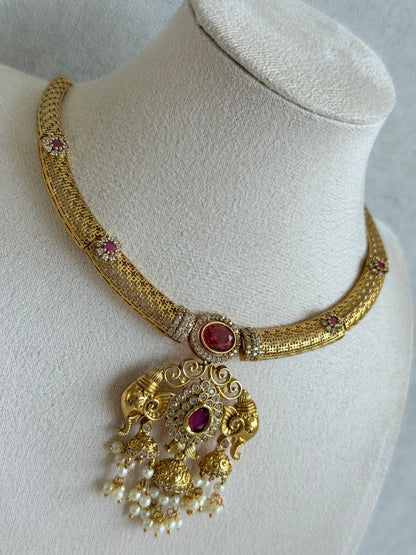 Ayura Designs Wadha Collar Necklace Set with Earrings – Gold Elephant Pendant & Ruby Red Stone Detailing