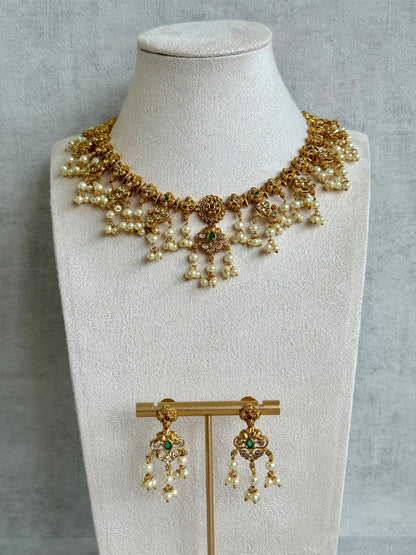 Ayura Designs Ilaa Set – Necklace & Earrings with Pink & Green Stone Accents, Pearl Drops & Antique Gold Finish