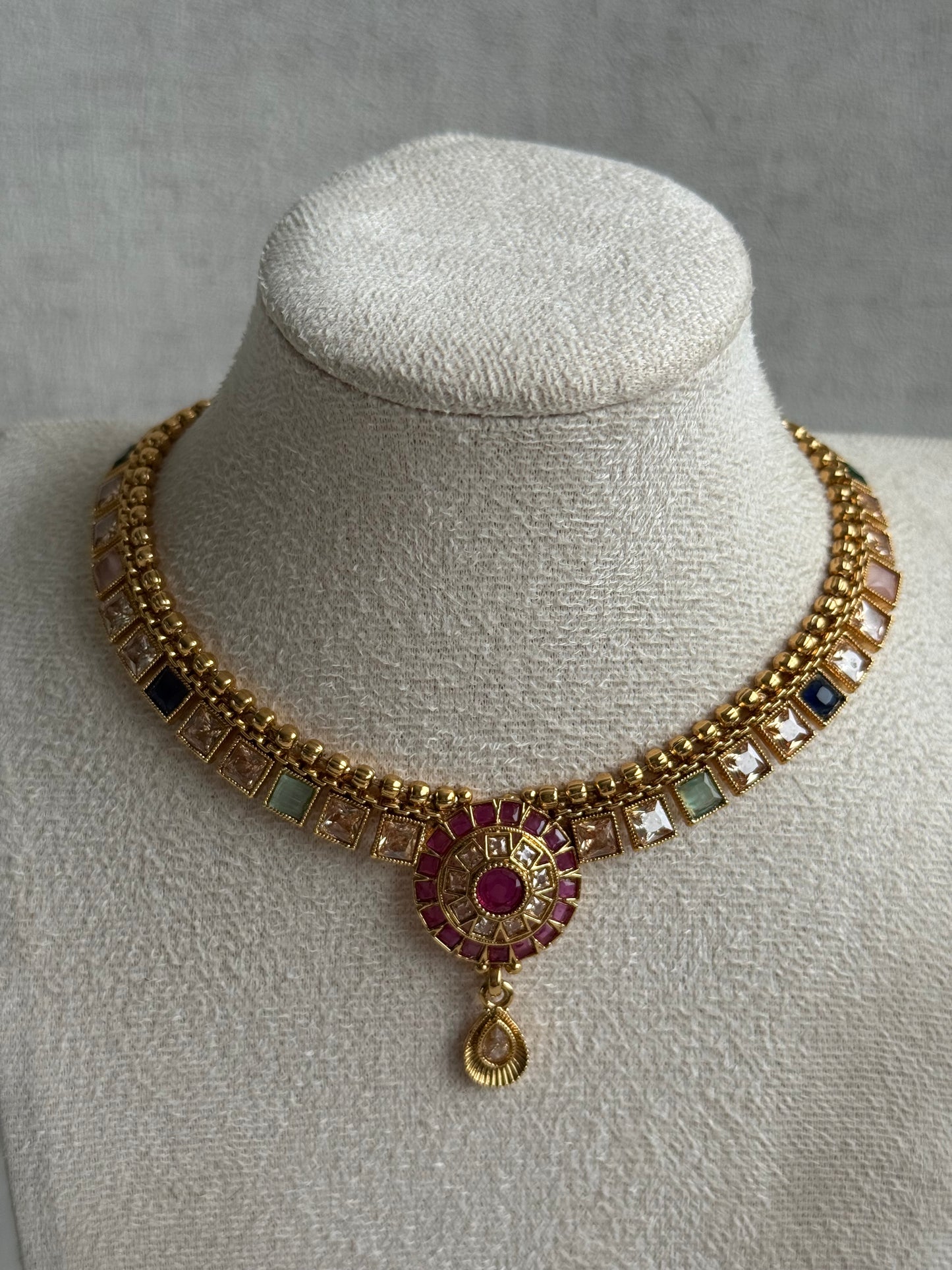 Ayura Designs Nithya Set – Gold Necklace & Earrings with Multicolour Stones and Ruby Centre