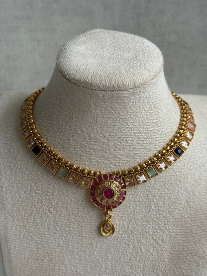 Ayura Designs Nithya Set – Gold Necklace & Earrings with Multicolour Stones and Ruby Centre