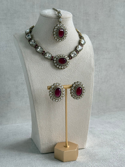 Ayura Designs Inza Necklace Set – Rani Pink Stones, Kundan & Crystals with Antique Gold Finish