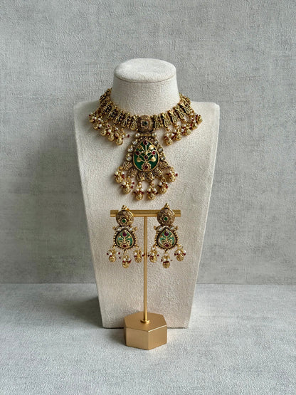 Ayura Designs Divya Set – Antique Gold Choker with Green Meenakari, Ruby Stones & Pearl Detailing