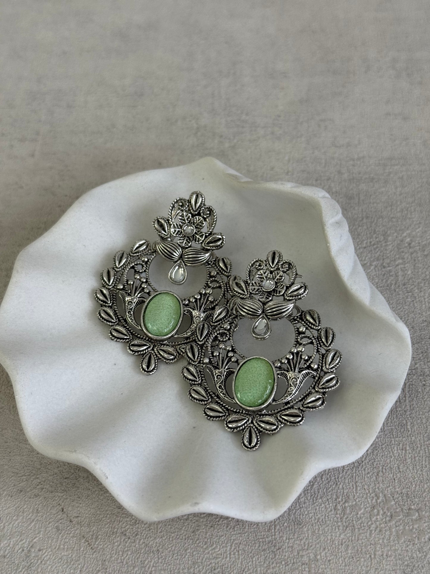 Ayura Designs Eila Earrings with Pistachio Green Stone in Antique Silver Finish