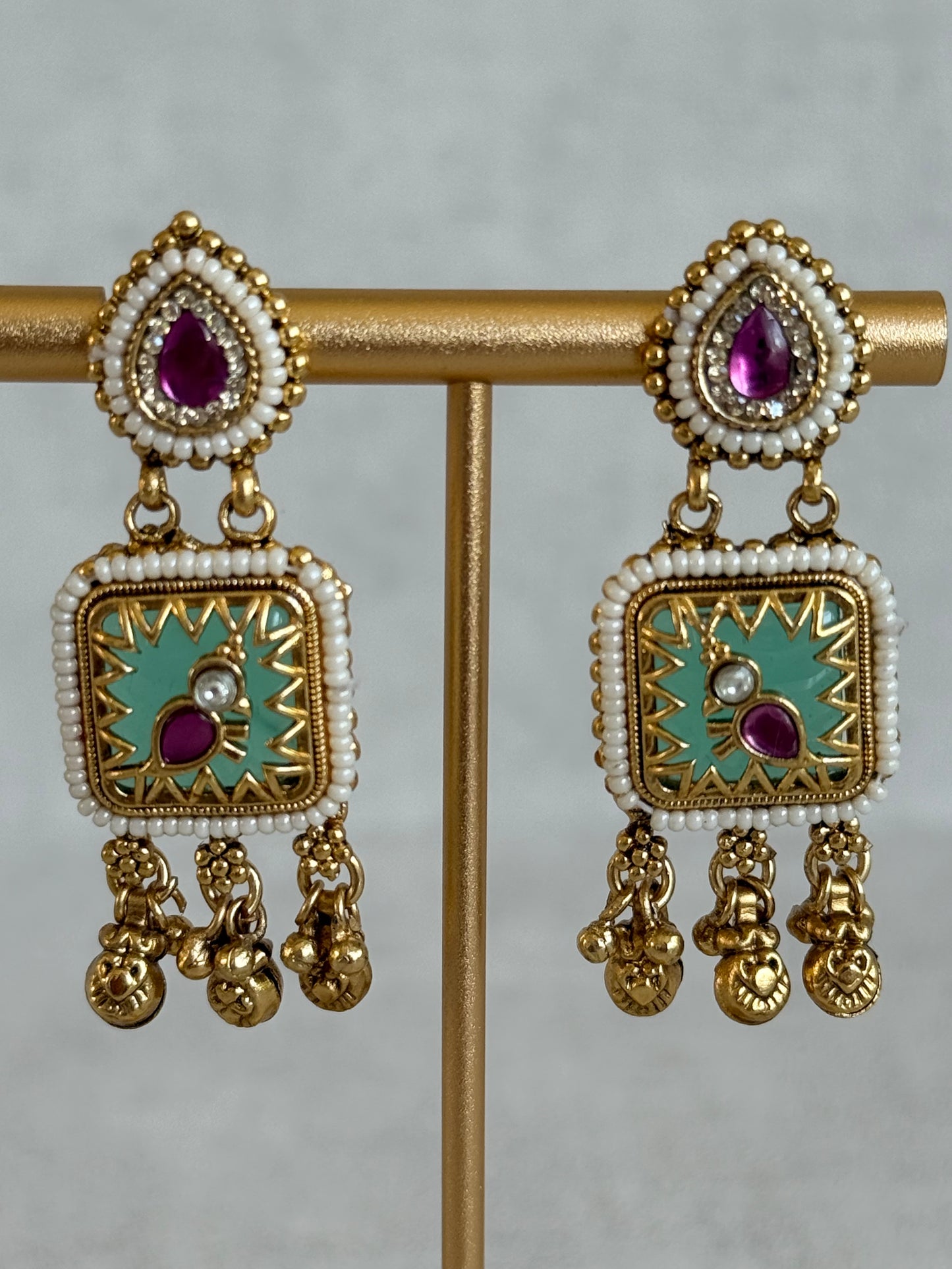 Ayura Designs Inira Drop Earrings – Mint Green Enamel Bird Earrings with Rani Pink Kundan & Ghungroo Drops