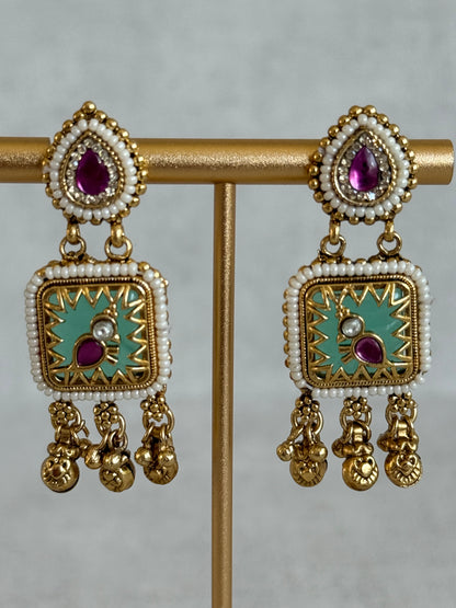 Ayura Designs Inira Drop Earrings – Mint Green Enamel Bird Earrings with Rani Pink Kundan & Ghungroo Drops