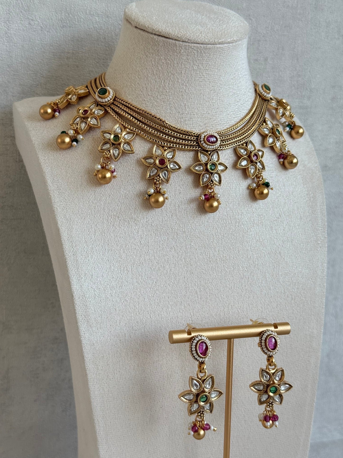 Ayura Designs Daksha Necklace Set with Earrings – Gold Layered Chain Necklace with Ruby Pink & Emerald Green Kundan Floral Motifs