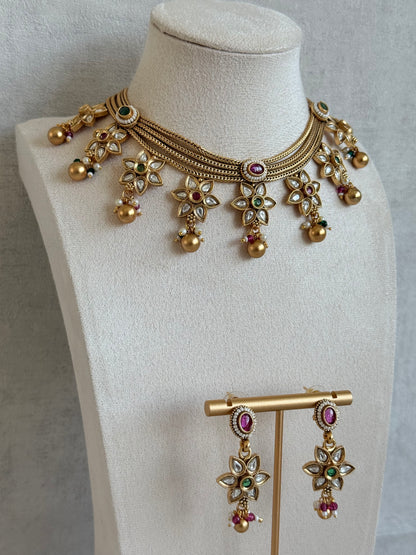 Ayura Designs Daksha Necklace Set with Earrings – Gold Layered Chain Necklace with Ruby Pink & Emerald Green Kundan Floral Motifs