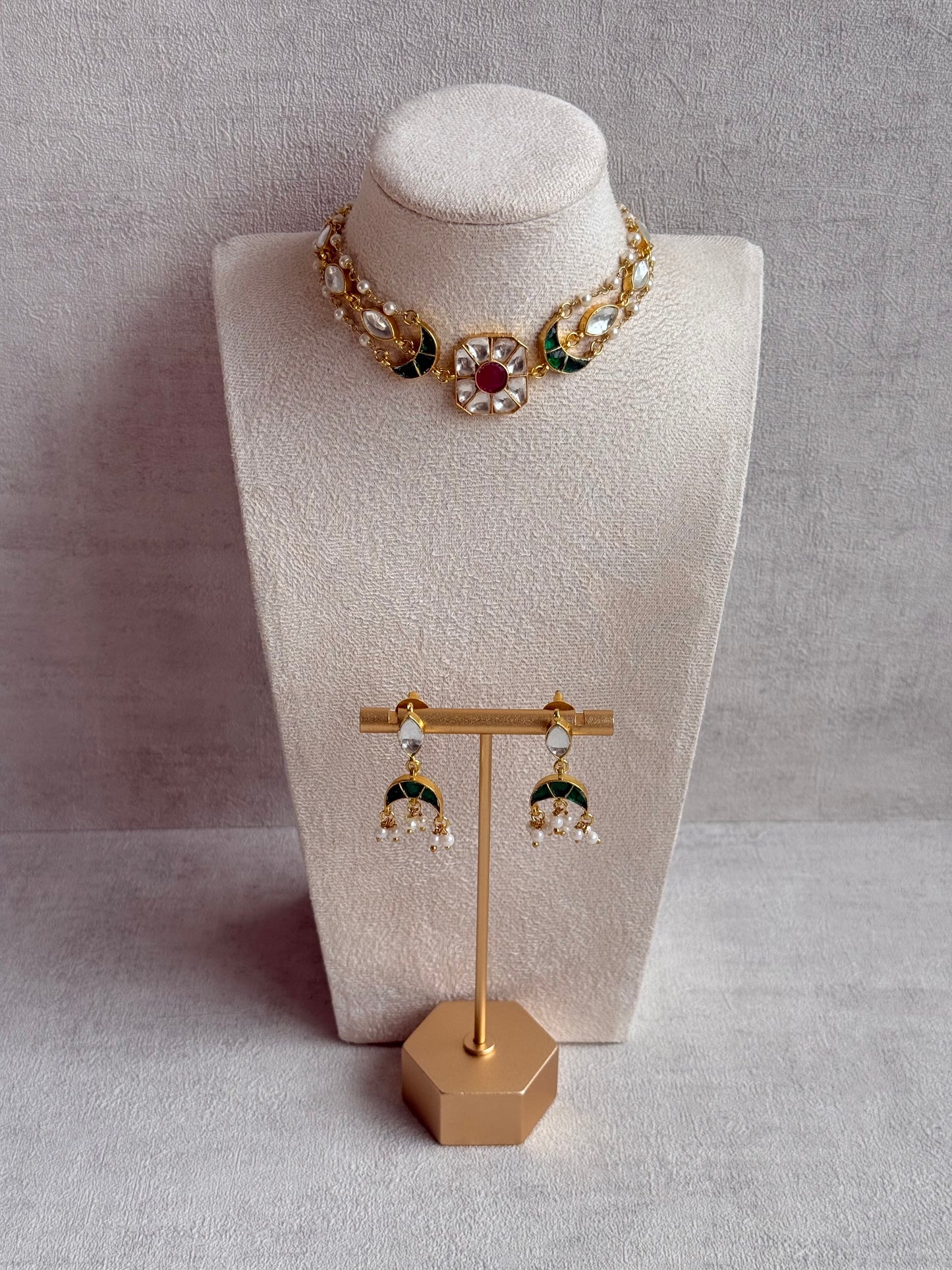 Ayura Designs Mahi Choker Set with Earrings – Meenakari Kundan Green & Pink Detailing