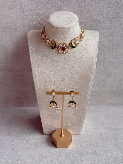 Ayura Designs Mahi Choker Set with Earrings – Meenakari Kundan Green & Pink Detailing