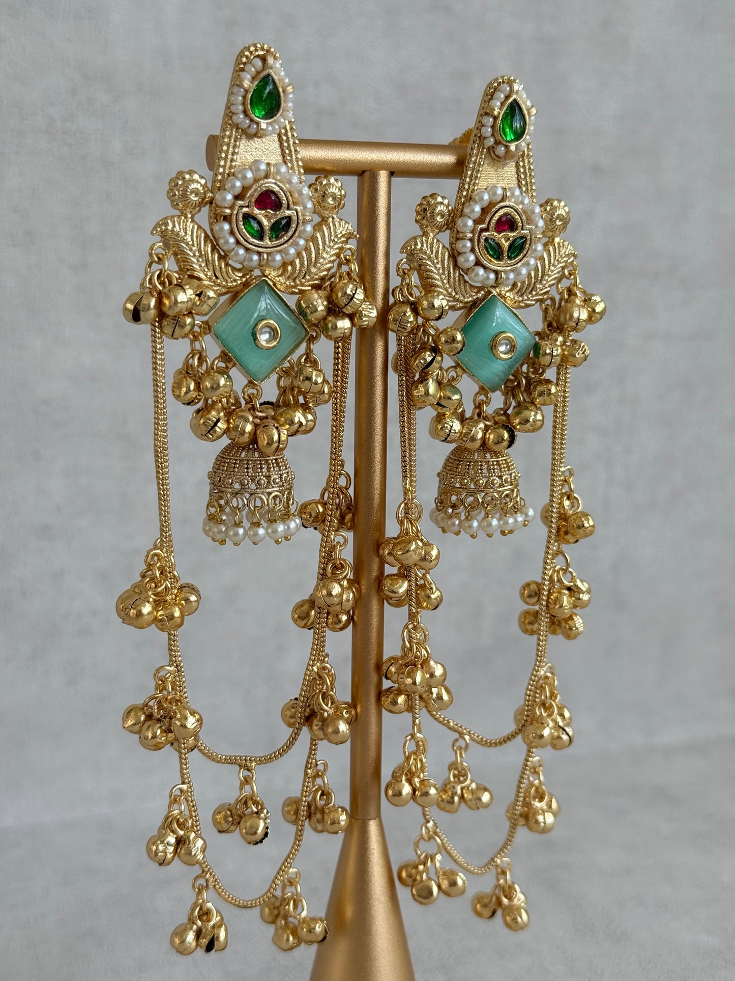 Ayura Designs Simal Earrings – Kashmiri Earrings with Mint Stone, Multicoloured Detailing, Layered Ghungroo Chains & Jhumkis