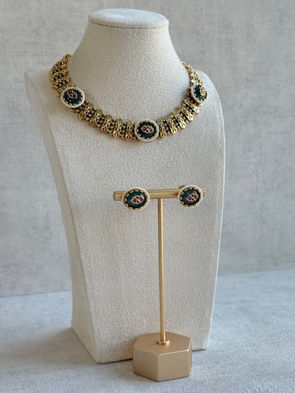 Ayura Designs Lajita Necklace Set with Stud Earrings – Emerald Green & Rani Pink with Pearl & Statement Floral Link Design