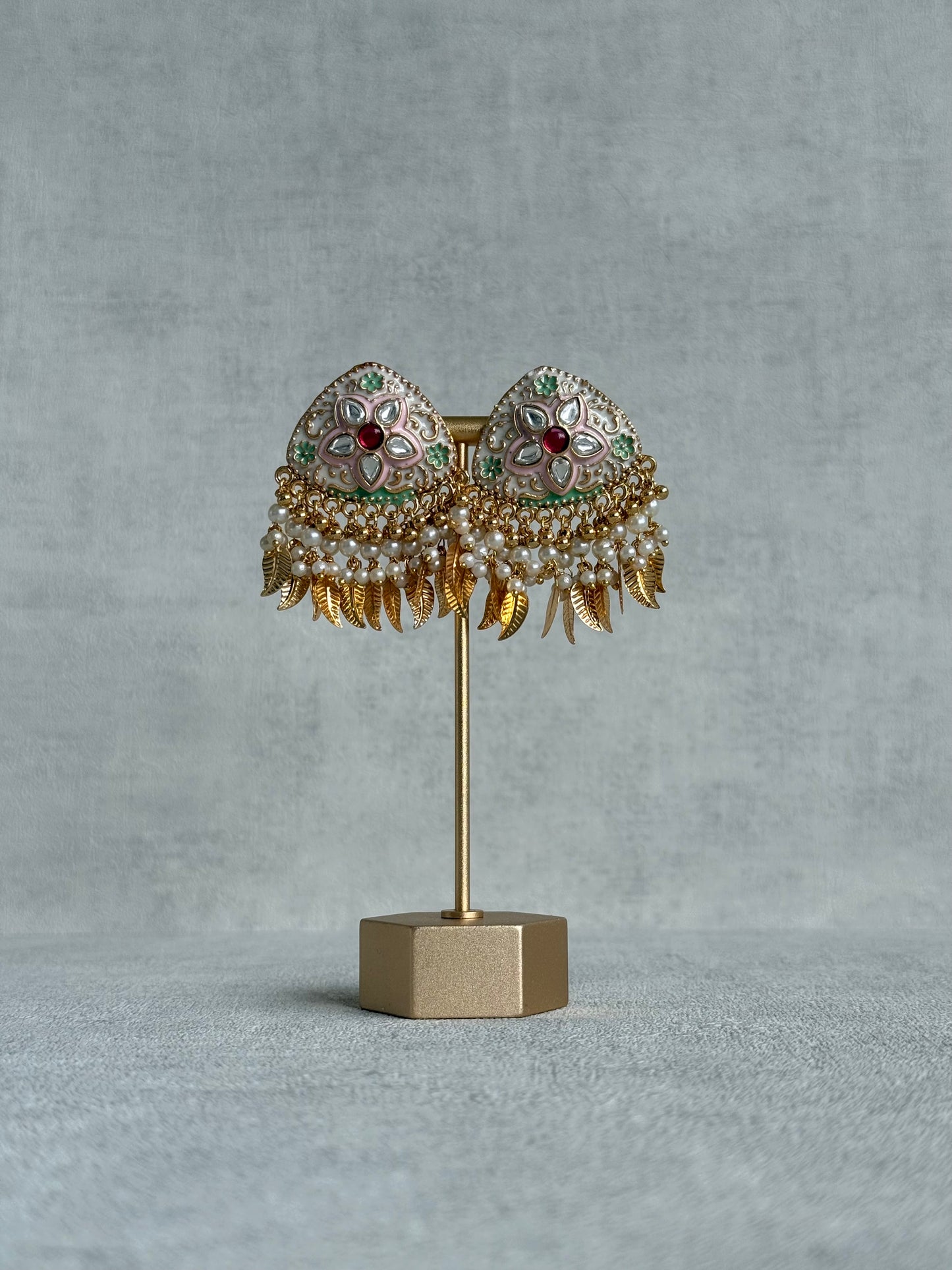 Ayura Designs Rozina Earrings – Floral Meenakari Earrings with Ruby Pink Centre Stone, Pearl Clusters & Gold Leaf Charms
