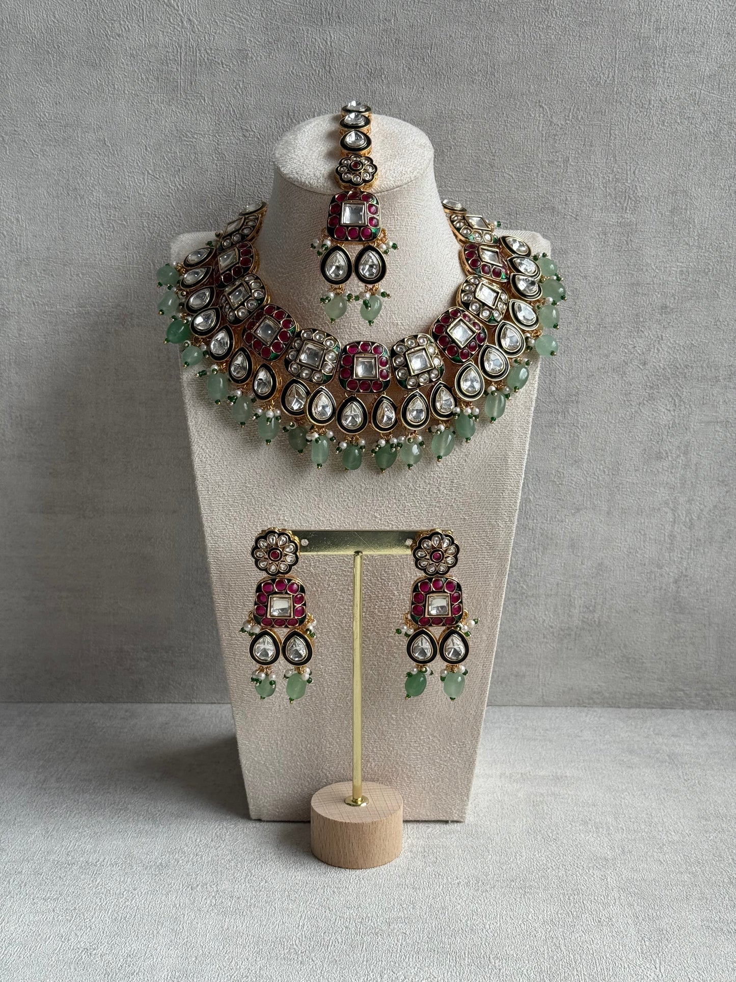 Ayura Designs Salma Set – Necklace, Earrings & Tikka with Mirror-Cut Kundan, Pink & Mint Beads, Emerald Green Meenakari & Gold Finish