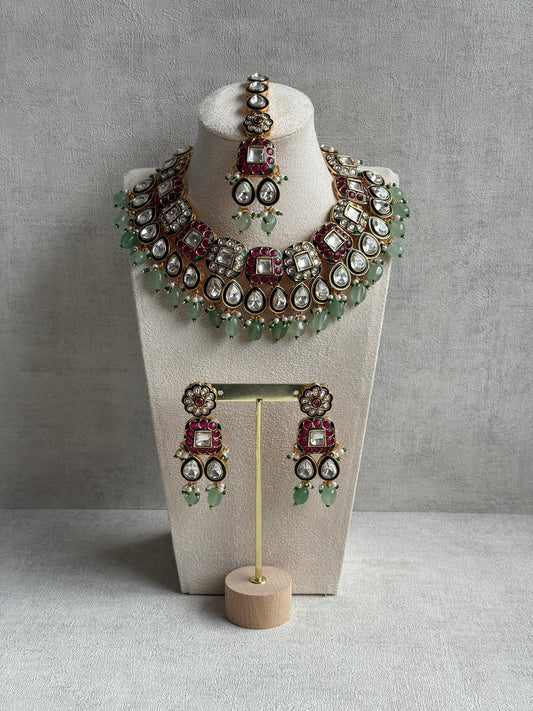 Ayura Designs Salma Set – Necklace, Earrings & Tikka with Mirror-Cut Kundan, Pink & Mint Beads, Emerald Green Meenakari & Gold Finish