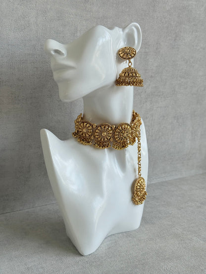 Ayura Designs Nawabi Choker Set with Jhumkis & Tikka – Traditional Gold Tone Bridal Choker with Floral Motifs & Ghungroo Detailing