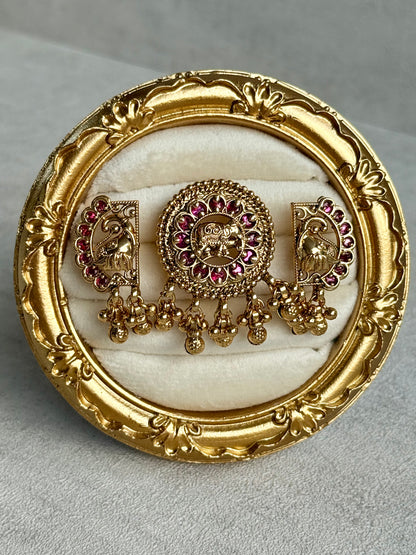 Ayura Designs Nira Adjustable Ring – Jadau-Inspired Elephant Motifs with Rani Pink Stones, Pearl Drops & Ghungroos